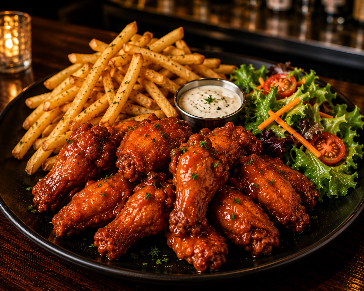 Wings with fries and salad ( pick a sauce)