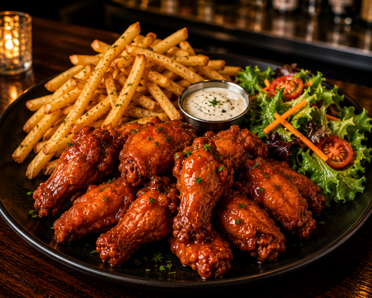 Wings with fries and salad ( pick a sauce)
